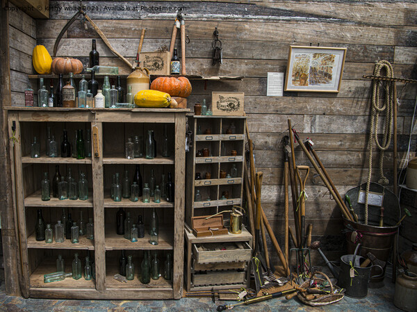old bottles, garden shed,garden tools Picture Board by kathy white