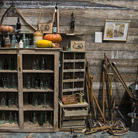 Buy canvas prints of old bottles, garden shed,garden tools by kathy white