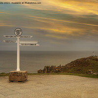 Buy canvas prints of  The Iconic Signpost lands end Cornwall at sunset by kathy white