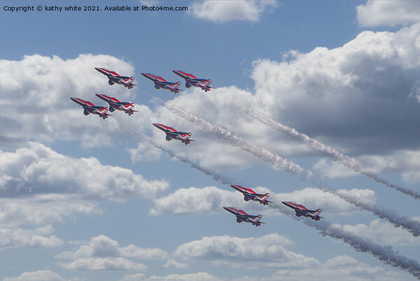 Red arrows in a cornish sky,smoke trails,   Picture Board by kathy white