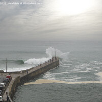Buy canvas prints of Porthleven Harbour Cornwall,surf up,large waves by kathy white