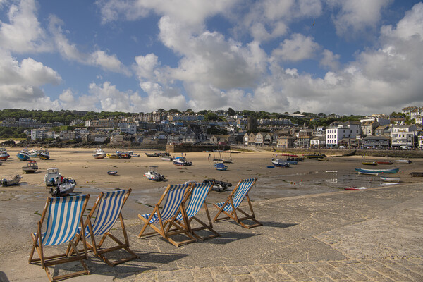 st ives, beach cornwall,deckchairs Picture Board by kathy white