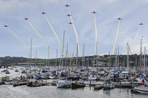 falmouth,Red arrows in a cornish sky,smoke trails, Picture Board by kathy white