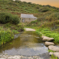 Buy canvas prints of stepping stones across river at Penberth Cove  by kathy white