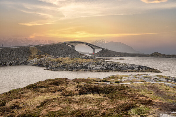 The Storseisundet Bridge .Norway bridge; sunset Picture Board by kathy white