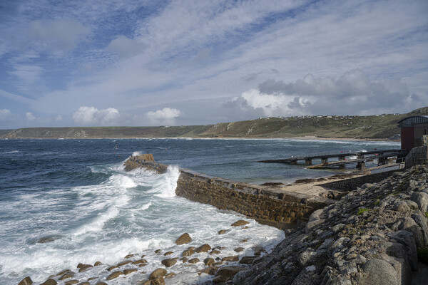 Sennen cove harbour on a stormy day Picture Board by kathy white