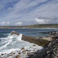 Buy canvas prints of Sennen cove harbour on a stormy day by kathy white
