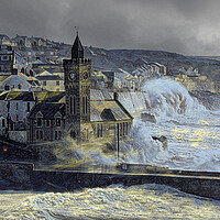 Buy canvas prints of windy stormy day Porthleven by kathy white