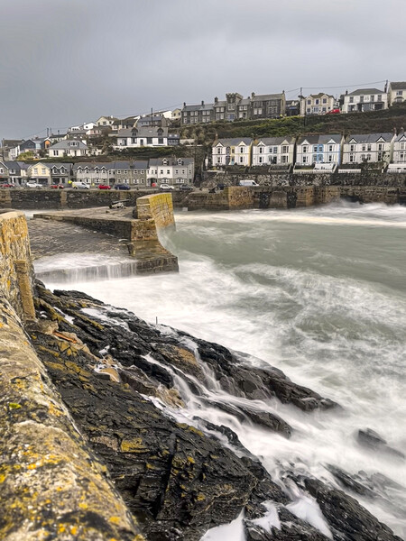 Porthleven Harbour Cornwall stormy sea Picture Board by kathy white