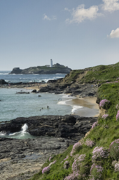 Godrevy lighthouse from Hyale beach Picture Board by kathy white