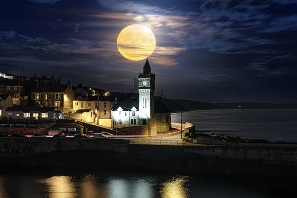 blue moon, Porthleven's Enchanting Blue Moonlight Picture Board by kathy white