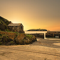 Buy canvas prints of  Mullion cove old net loft cornwall sunset by kathy white