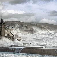 Buy canvas prints of Porthleven Harbour Cornwall storm force by kathy white