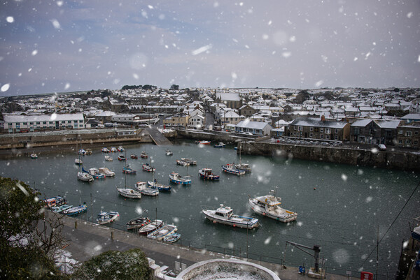 Porthleven Cornwall in the snow  Picture Board by kathy white