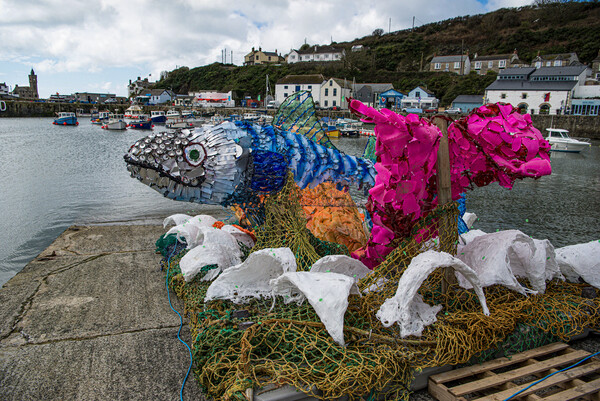 Porthleven Harbour, Fish made of Plastic from the ocean Picture Board by kathy white