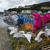 Buy canvas prints of Porthleven Harbour, Fish made of Plastic from the ocean by kathy white