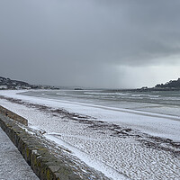 Buy canvas prints of St Michaels mount Marazion Cornwall, snow hail, wind, sleet rain by kathy white