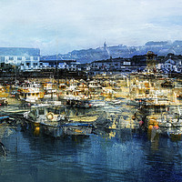 Buy canvas prints of Busy harbour in Cornwall,Small fishing boats blue  by kathy white
