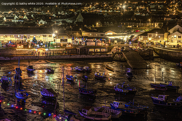 Porthleven  Cornwall Christmas ,lights with boats  Picture Board by kathy white