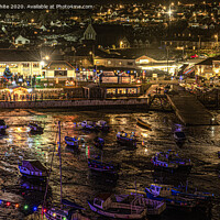 Buy canvas prints of Porthleven  Cornwall Christmas ,lights with boats  by kathy white