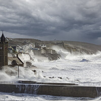 Buy canvas prints of Porthleven harbour with Clock tower,Storm by kathy white