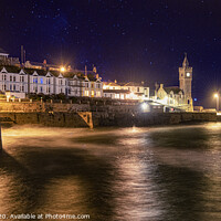 Buy canvas prints of  Porthleven Cornwall at night with clock tower by kathy white