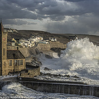 Buy canvas prints of Porthleven storm  with Clock tower,rough seas by kathy white