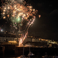 Buy canvas prints of Porthleven Harbour  Cornwall fireworks by kathy white