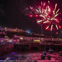 Buy canvas prints of Porthleven  Cornwall red Christmas fireworks by kathy white