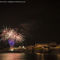 Buy canvas prints of Coverack Cornwall fireworks at night by kathy white