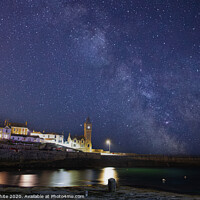 Buy canvas prints of Porthleven harbour with Clock tower, Milky way  by kathy white