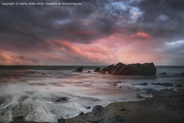 Gunwalloe  doller cove Cornwall at sunset,red sky, Picture Board by kathy white