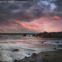 Buy canvas prints of Gunwalloe  doller cove Cornwall at sunset,red sky, by kathy white