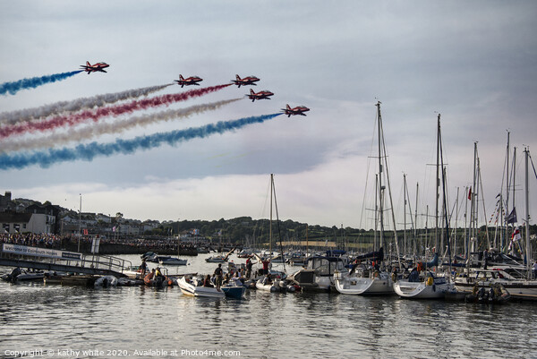 falmouth,Red Arrows over Falmouth bay Cornwall Picture Board by kathy white
