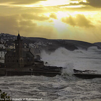Buy canvas prints of Porthleven  harbour Cornwall,  evening storm  by kathy white