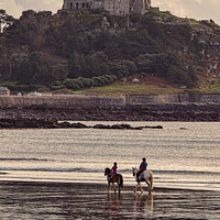 Buy canvas prints of St Michaels mount Cornwall with horses, by kathy white