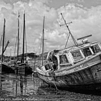Buy canvas prints of Newlyn ,Cornwall old fishing boat,black and white, by kathy white