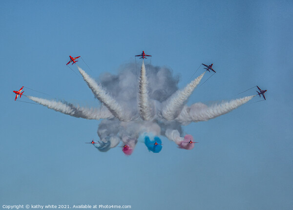 Red arrows, in a cornish sky,smoke trails,  Picture Board by kathy white