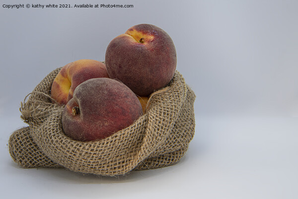 Peaches, ripe in a hessian bag,fresh fruit, Picture Board by kathy white