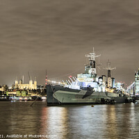 Buy canvas prints of The HMS Belfast and Tower Bridge on the Thames. by kathy white