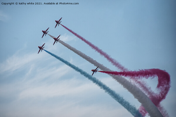 Red arrows in a cornish sky,smoke trails, red,whit Picture Board by kathy white