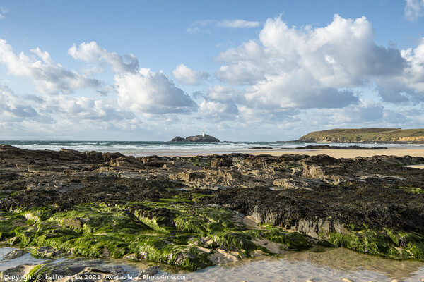 Gwithian  beach Cornwall,with Godrevy lighthouse Picture Board by kathy white