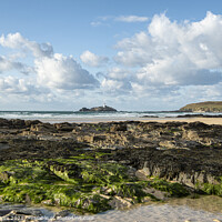 Buy canvas prints of Gwithian  beach Cornwall,with Godrevy lighthouse by kathy white
