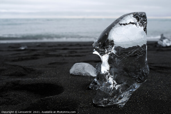 Clear piece of glacial ice on black sand Picture Board by Lensw0rld 