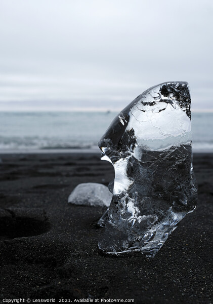 Clear piece of glacial ice on black sand Picture Board by Lensw0rld 