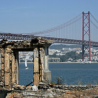 Buy canvas prints of Coastal view in Lisbon, Portugal, with bridge and boat by Lensw0rld 