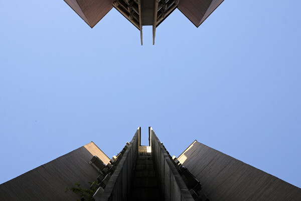 Looking up a brutalist building in Skopje Picture Board by Lensw0rld 
