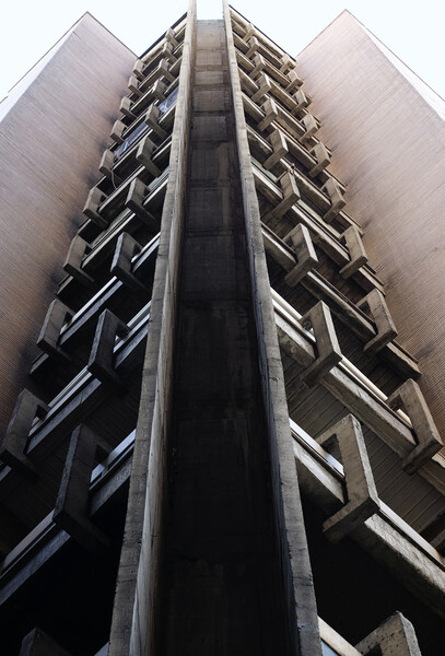 Looking up a brutalist building in Skopje Picture Board by Lensw0rld 