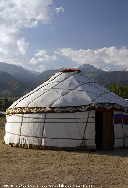Yurt in front of a mountain range in Kyrgyzstan Picture Board by Lensw0rld 