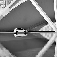 Buy canvas prints of Car and architecture reflection, bw by Sylvain Beauregard